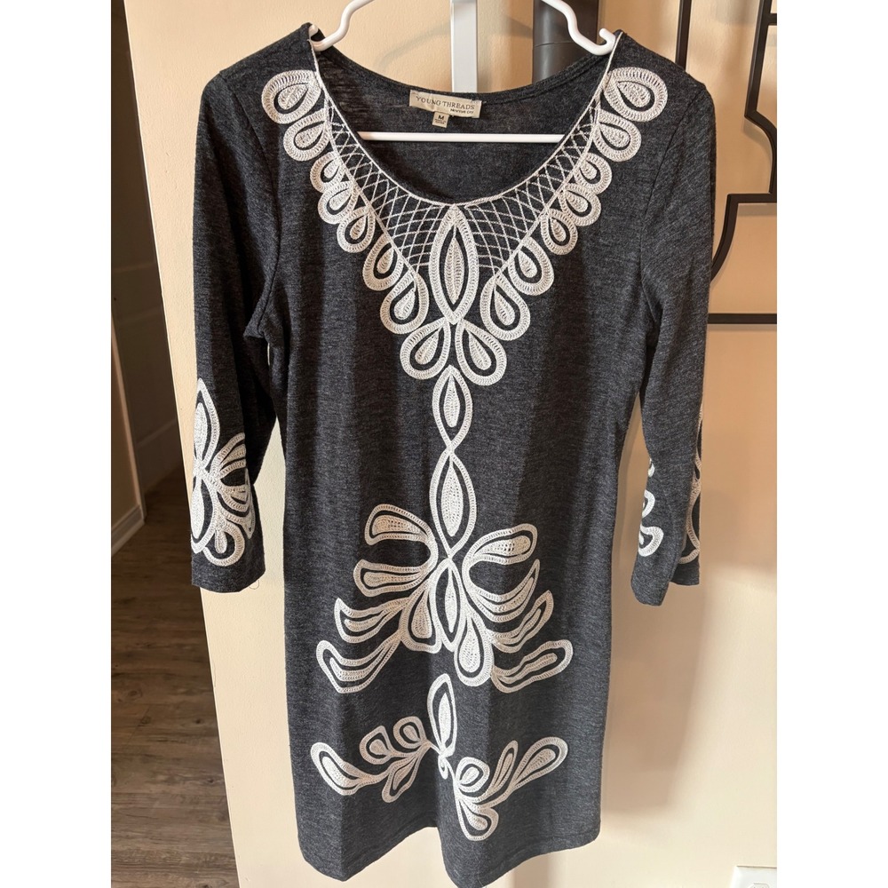 Young Threads NYC Gray Embroidered Soutache Tunic Dress Medium 3/4 Sleeve Boho